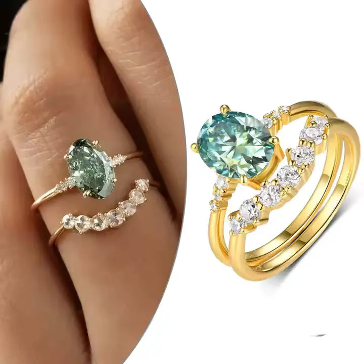 Gold Plated Ring Set with Green Moissanite
