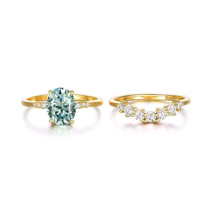Gold Plated Ring Set with Green Moissanite